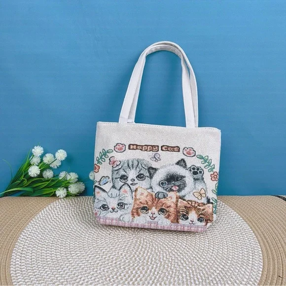 Floral Bunny Cats Sunflower Girl Embroidered Tote Bag.Great Gift for girls women - Picture 2 of 7